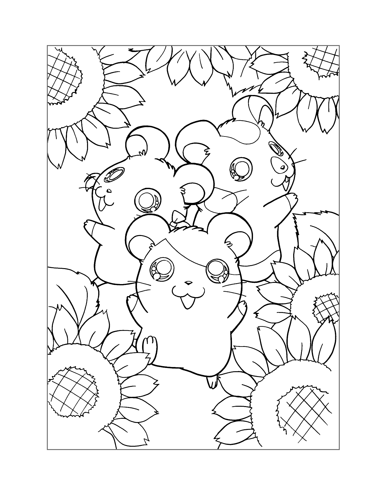Hamtaro Dancing In Sunflowers Coloring Page