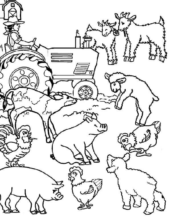 Happy Farm Animals Coloring Page 1