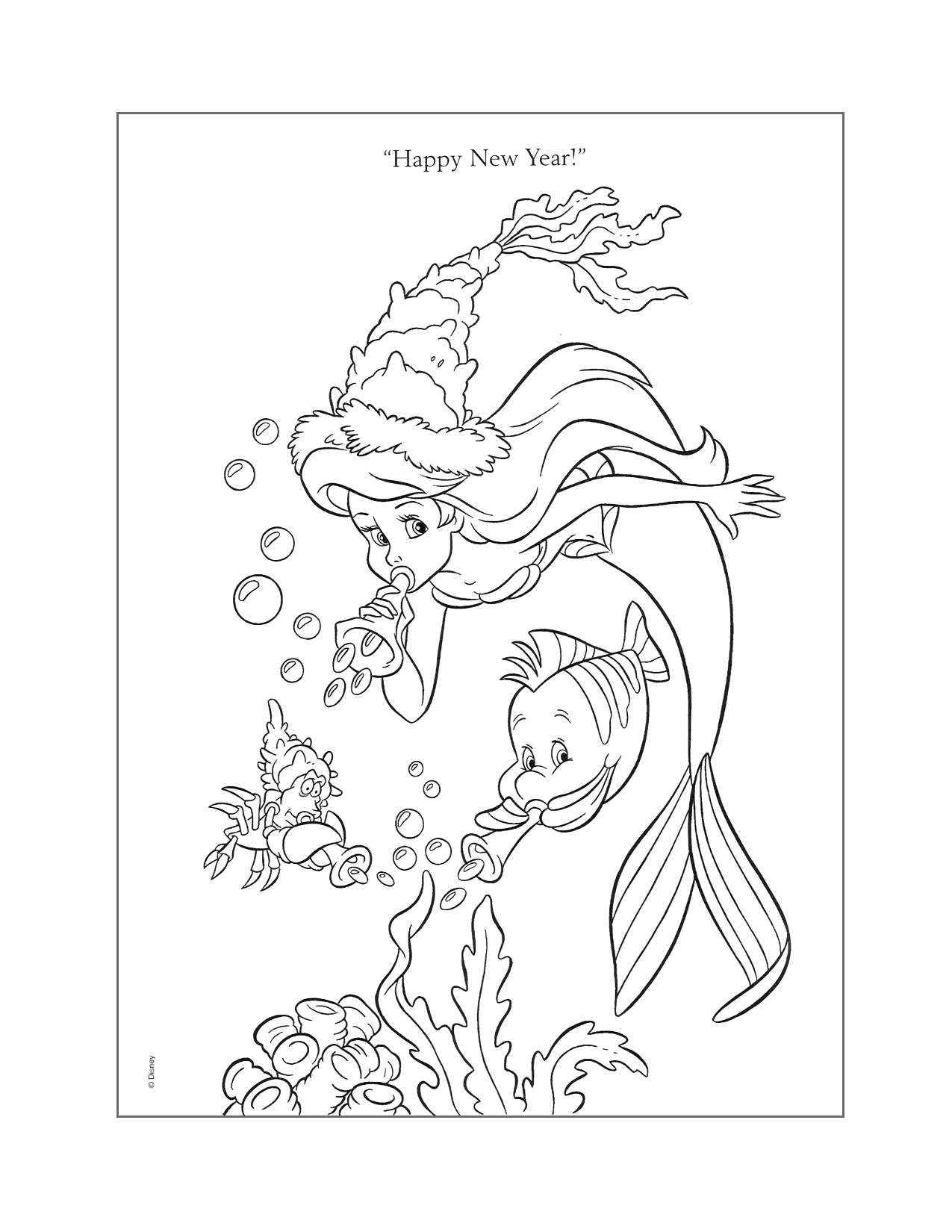 Happy New Year Little Mermaid Coloring Page