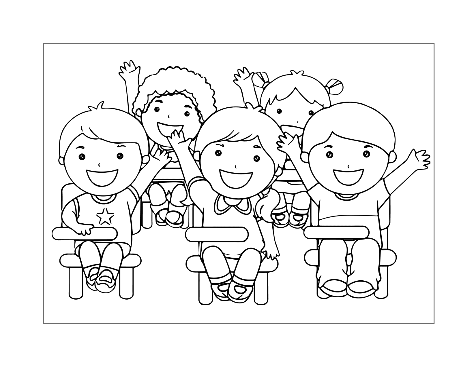 Happy School Kids Raising Hands Coloring Page