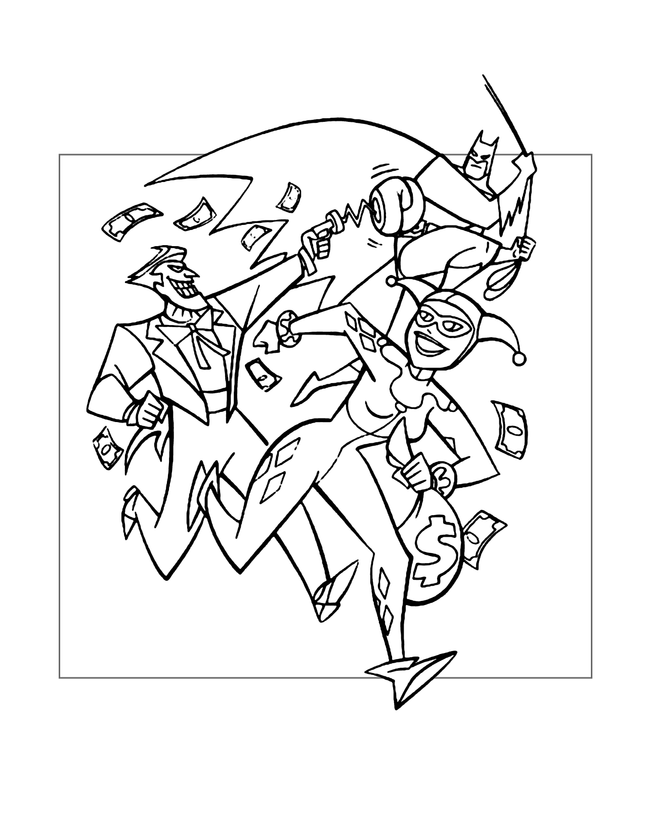 Harley Quinn And Joker Running From Batman Coloring Page