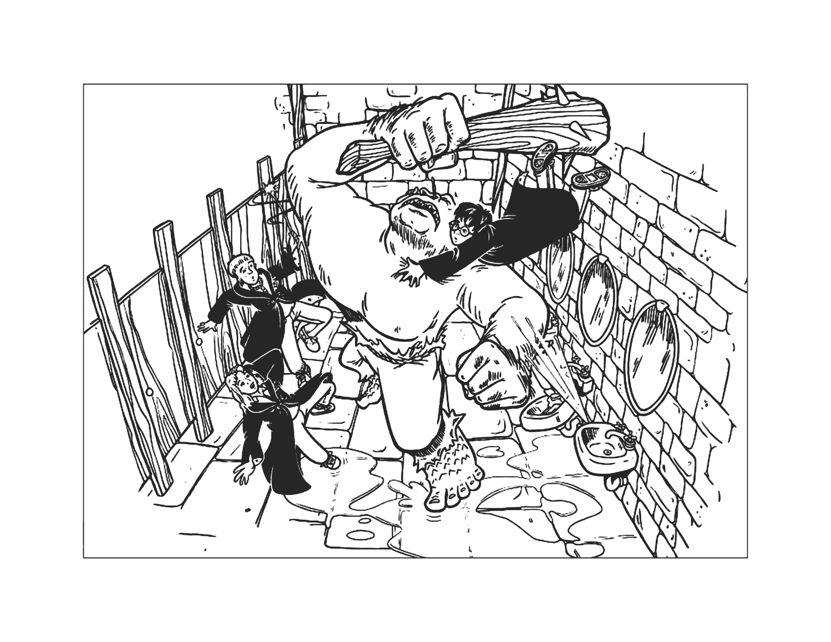 Harry Potter Fighting Troll In The Bathroom Coloring Page
