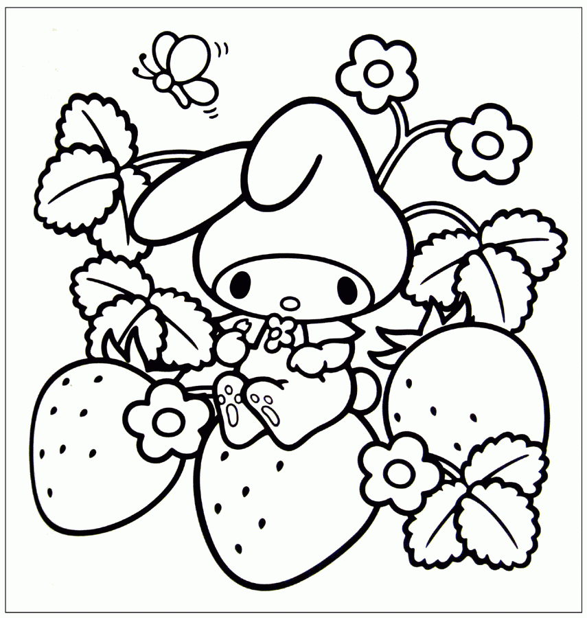 Hello Strawberry Bunny Cute Coloring Page