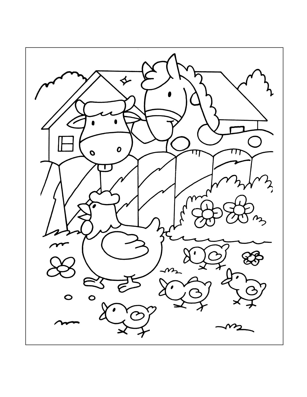 Horse And Cow And Chickens Coloring Page