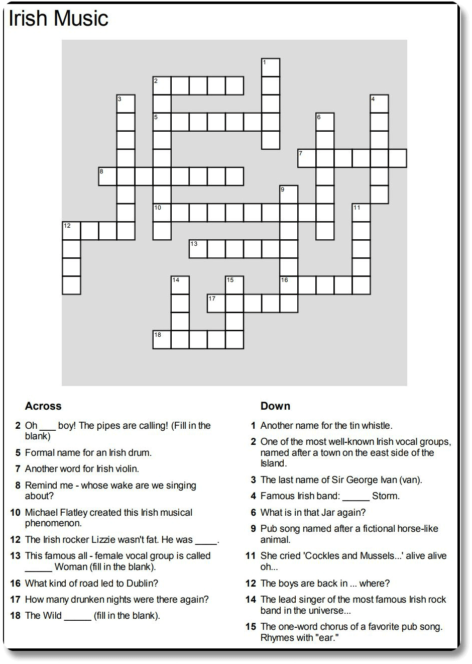 Irish Music Crossword Puzzle