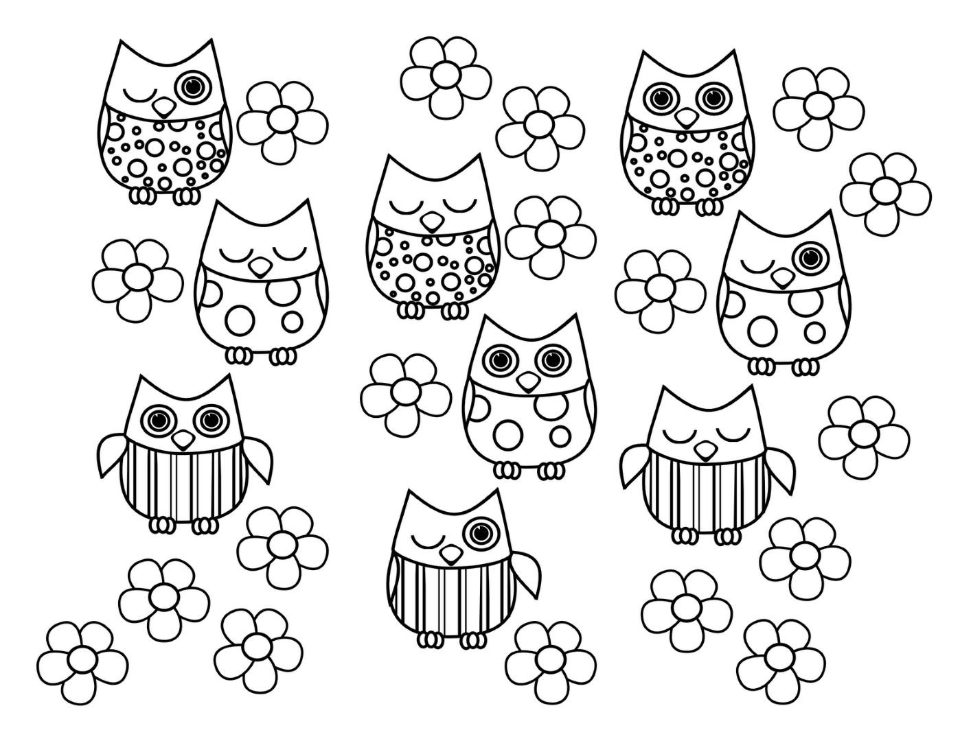 Kawaii Owls Coloring Page