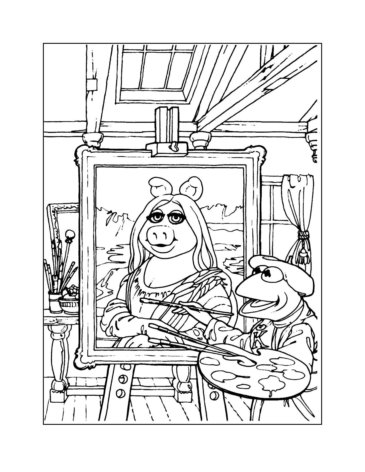 Kermit Painting The Mona Piggy Coloring Page