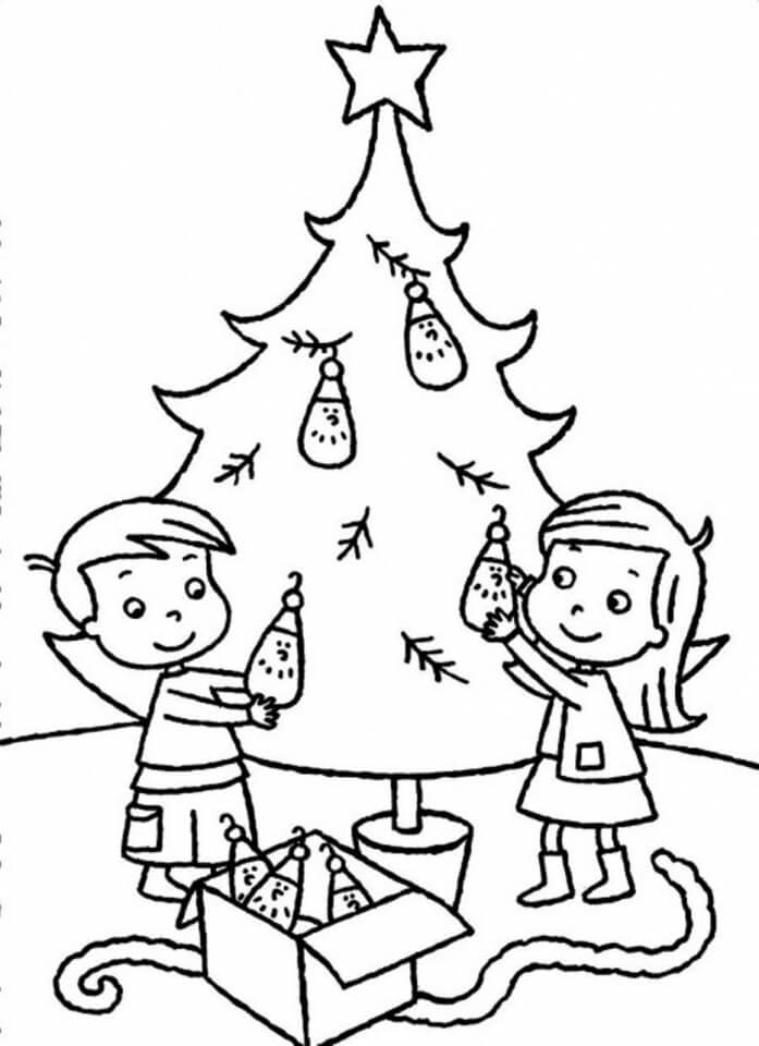 Kids Decorating Christmas Tree Coloring Page