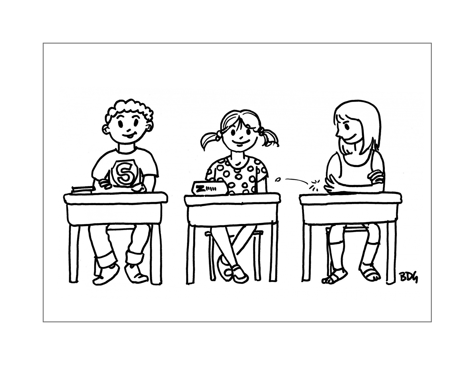 Kids Sitting At School Desks Coloring Page