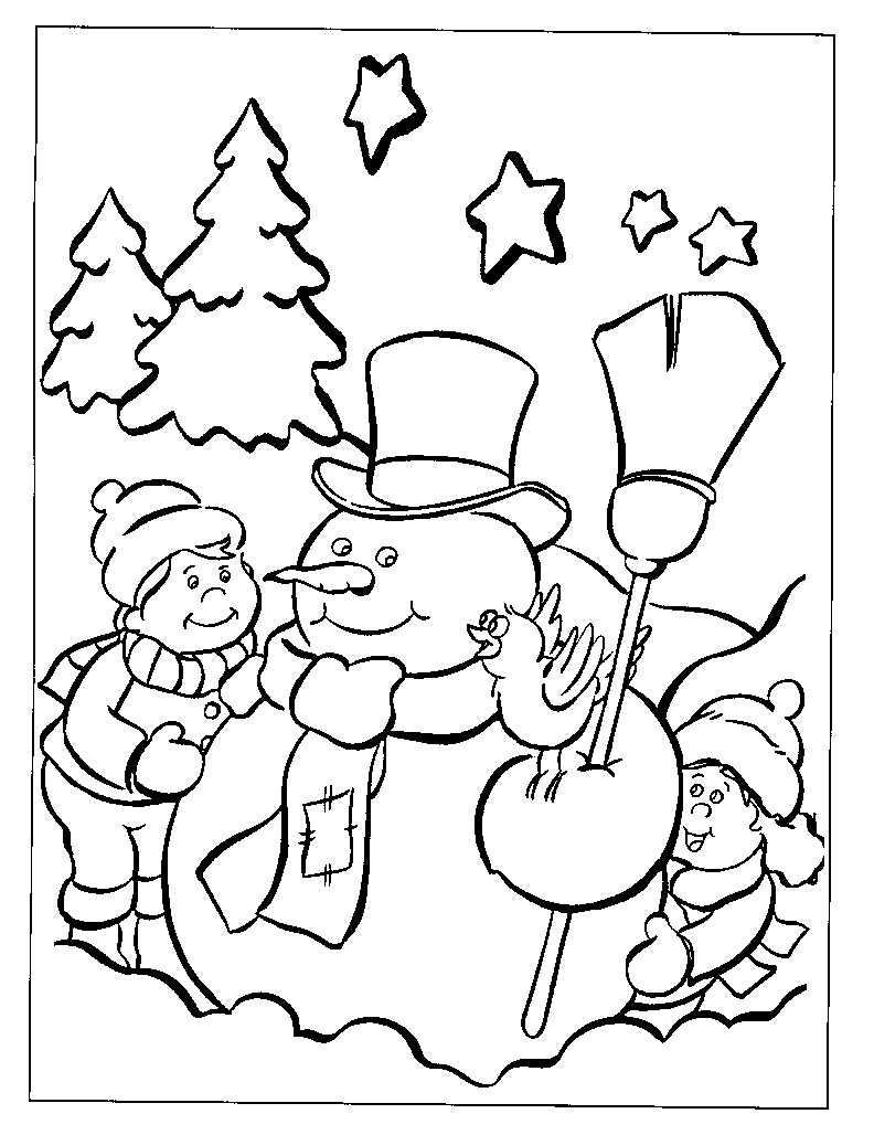 Kids And Snowman In Winter Coloring Page