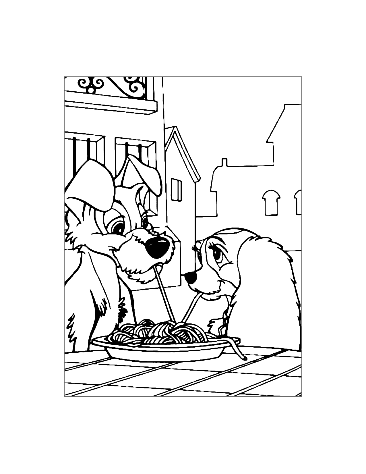 Lady And The Tramp Eat Spaghetti Coloring Page
