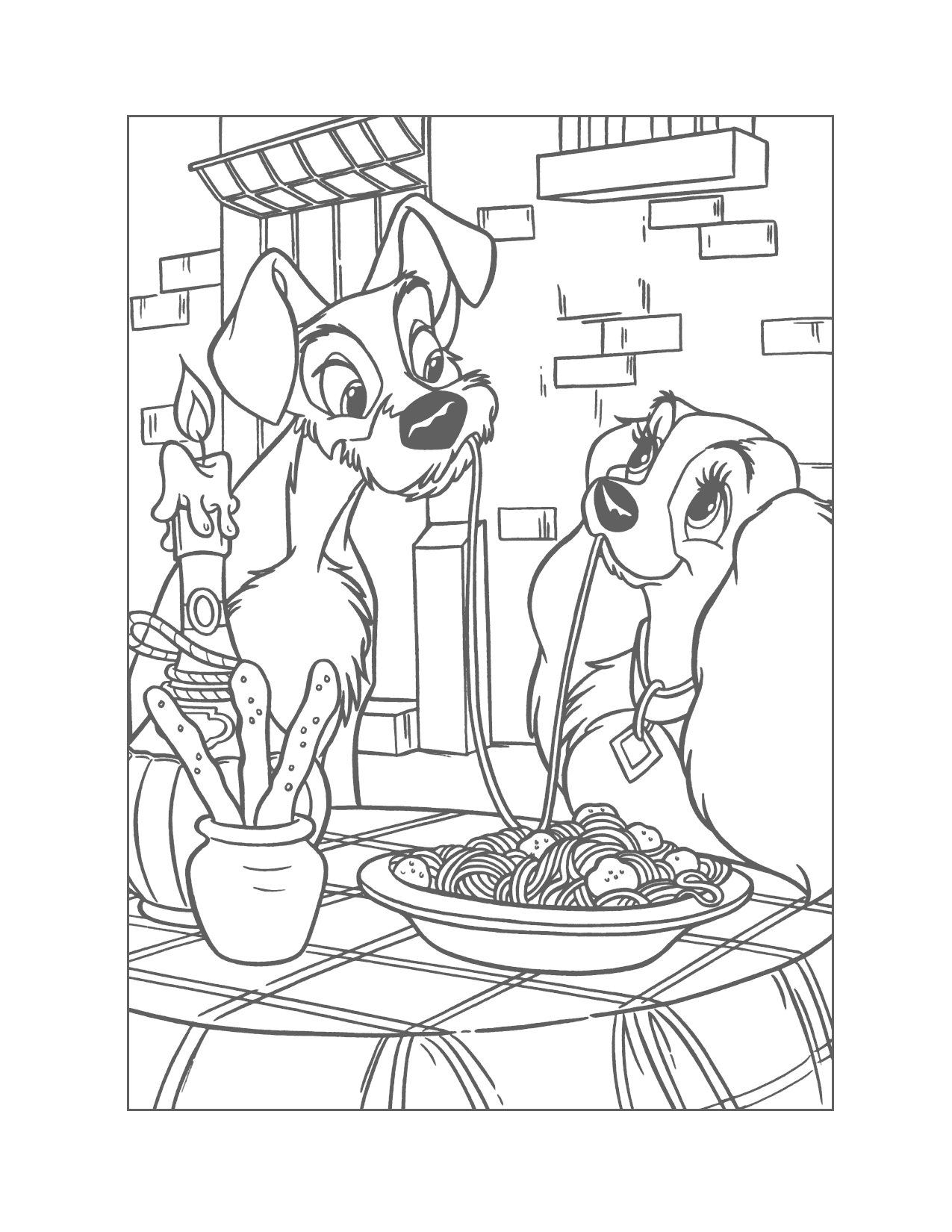 Lady And The Tramp Famous Spaghetti Dinner Coloring Page