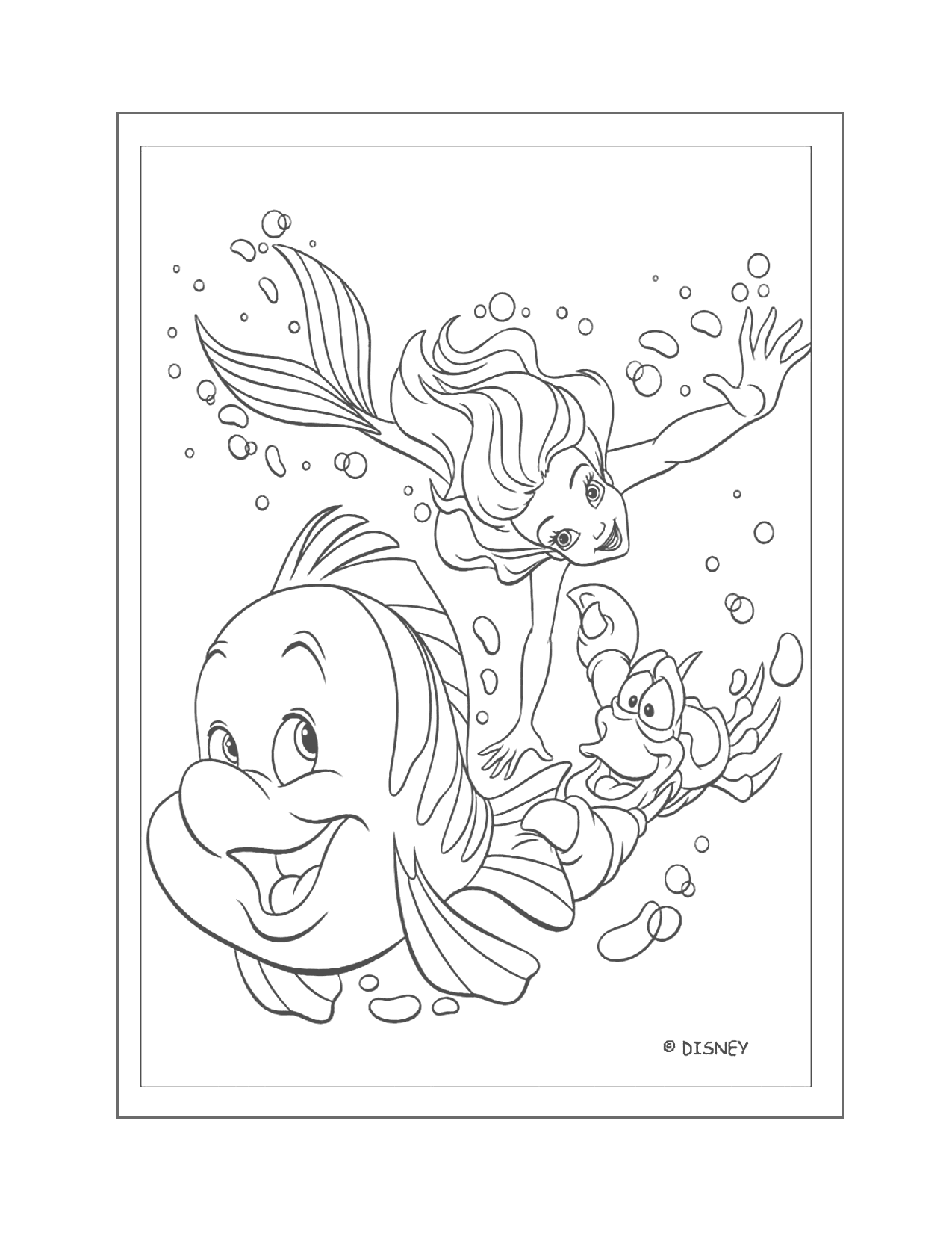 Little Mermaid Ariel Sebastian Flounder Coloring Page