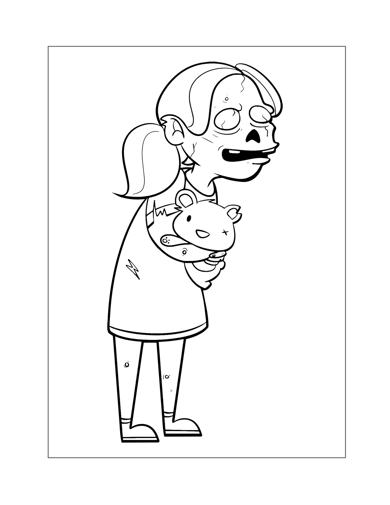 Little Zombie Girl And Teddy Coloring Page