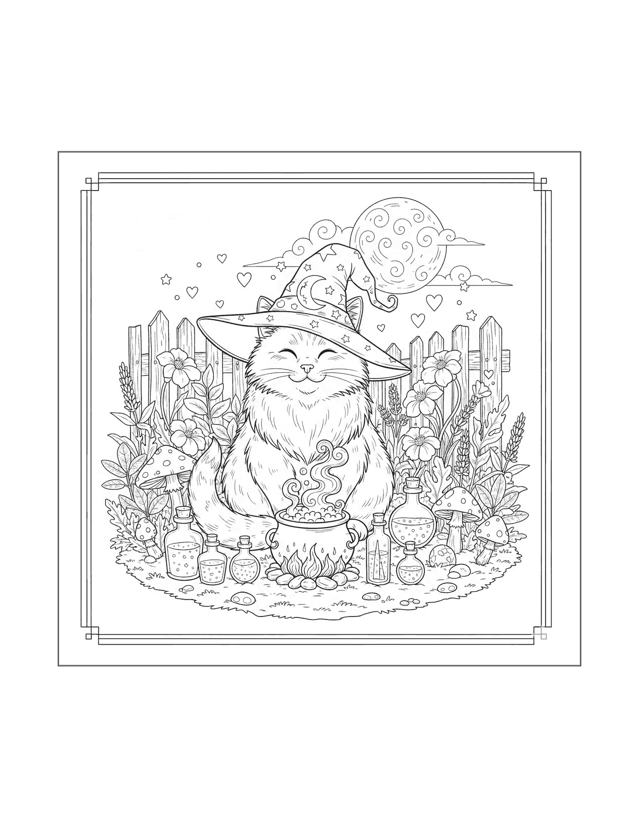 Magical Garden Wizard Cat Coloring Page