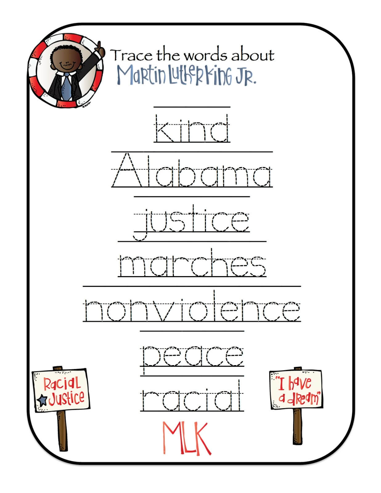 Martin Luther King Jr Word Trace Worksheet no2
