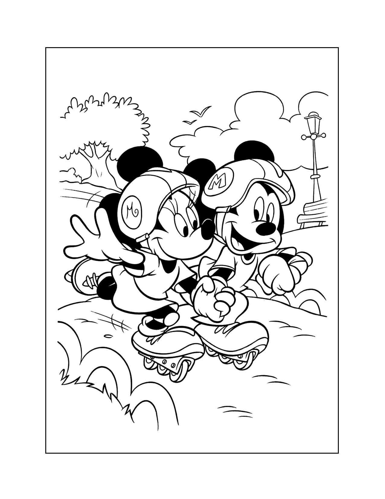 Mickey And Minney Roller Blading Coloring Page