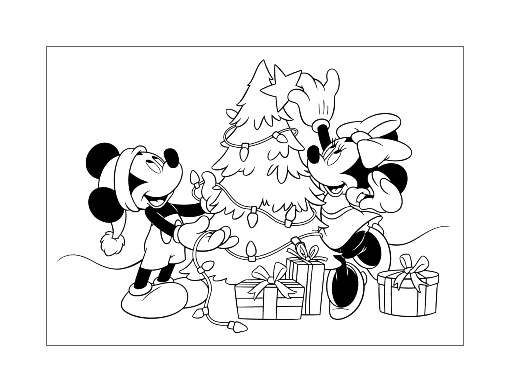 Mickey And Minnie Decorate The Christmas Tree Coloring Page