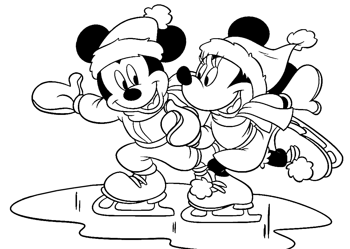 Mickey and Minnie Ice Skating Coloring Page