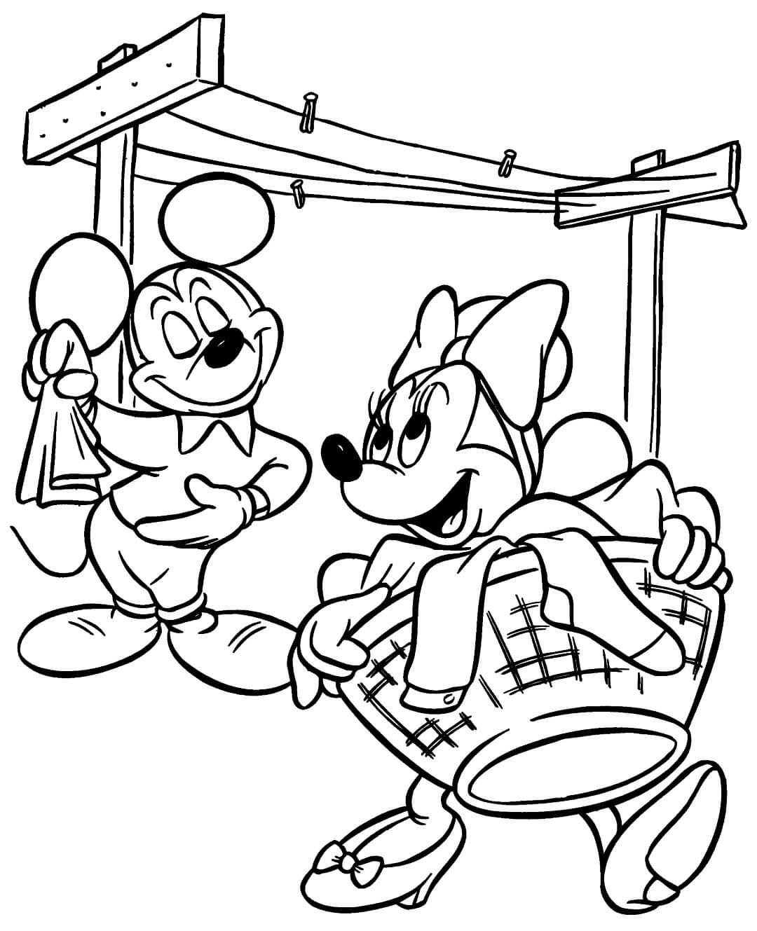 Mickey and Minnie Mouse Doing Laundry Coloring Pages