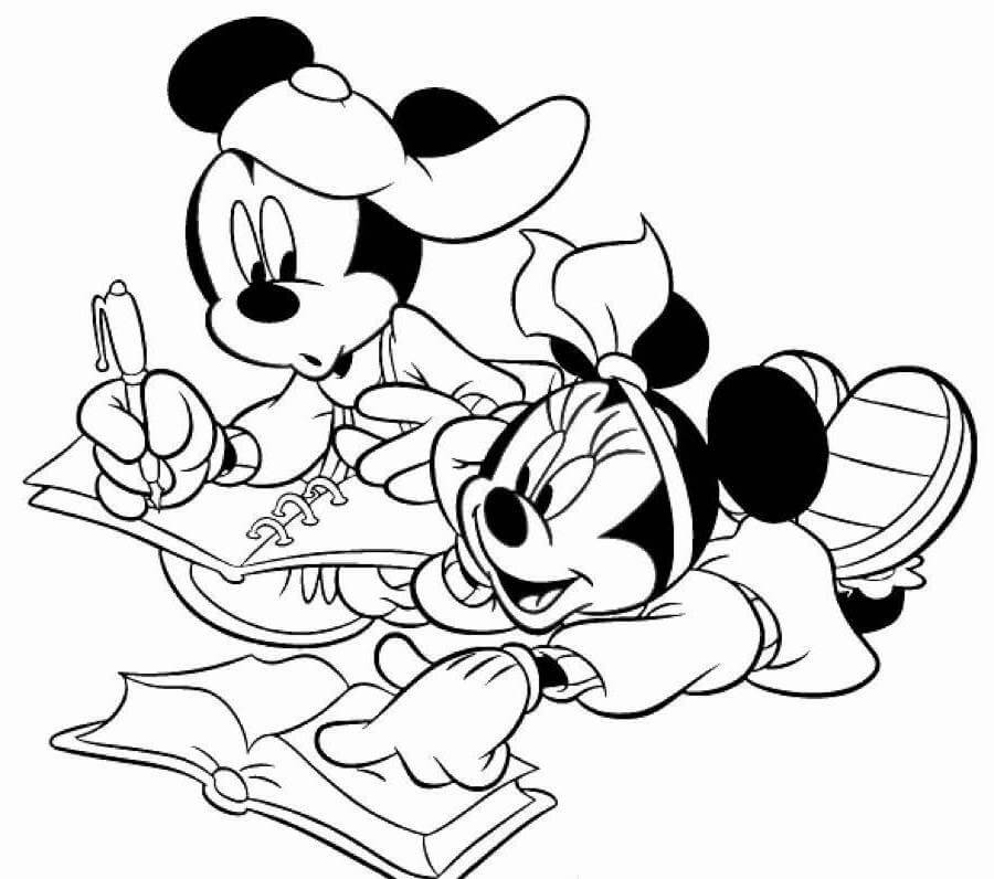 Mickey and Minnie Studying Coloring Page