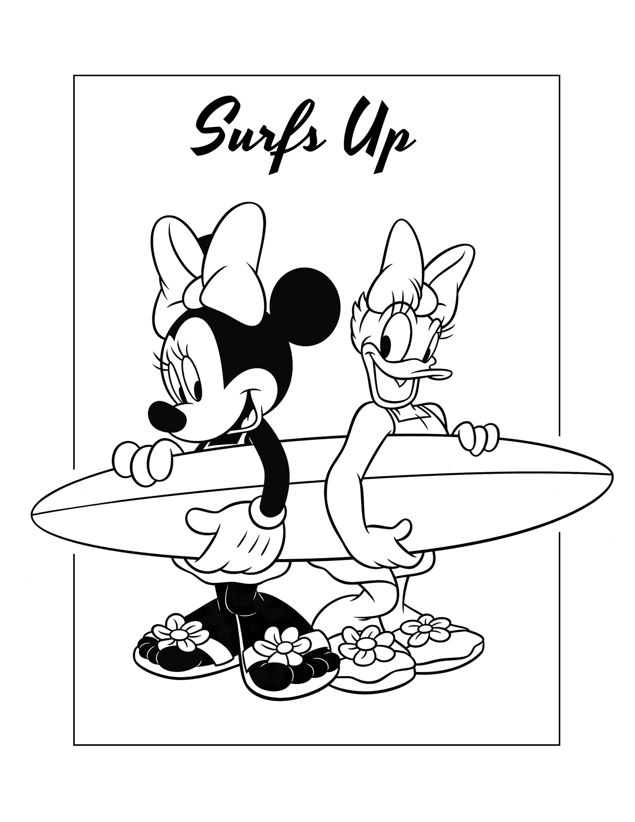 Minnie Mouse And Daisy Duck With Surfboard Coloring Page