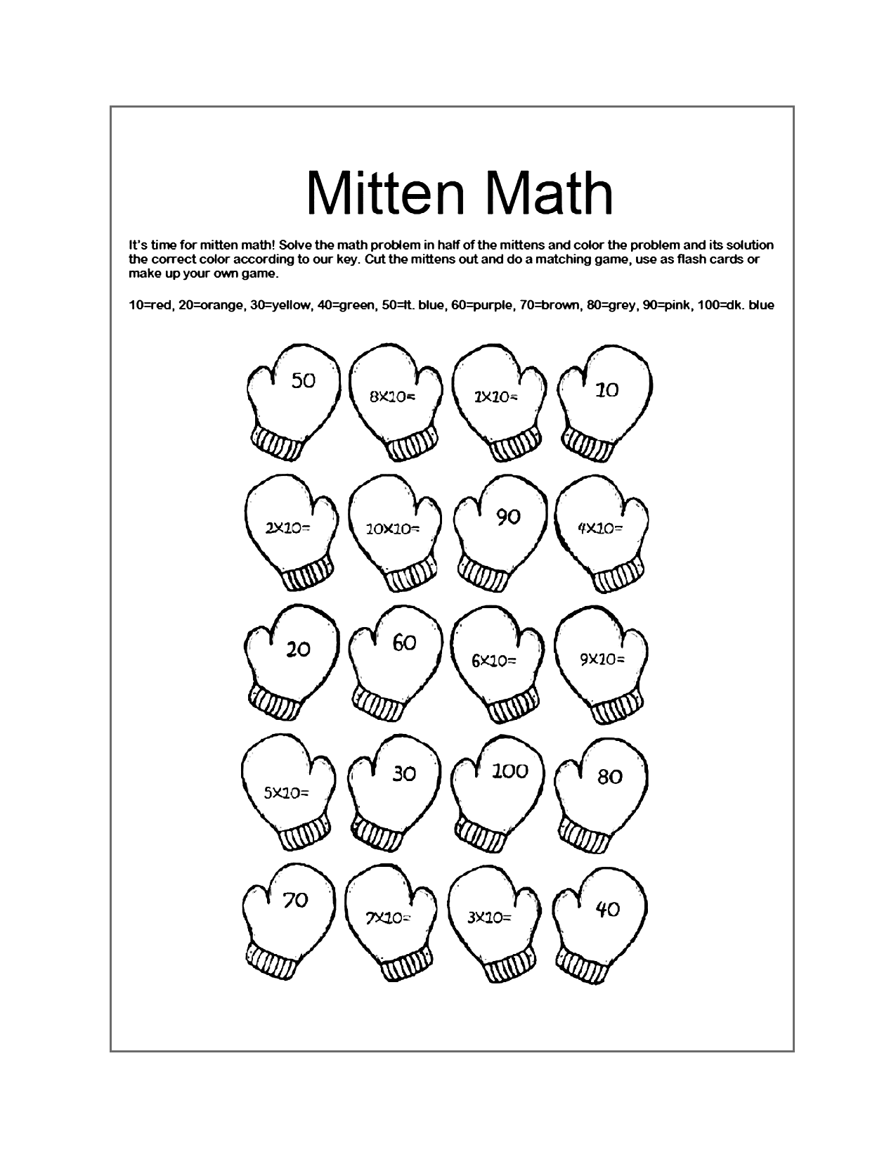 Mitten Math Multiplication Printout