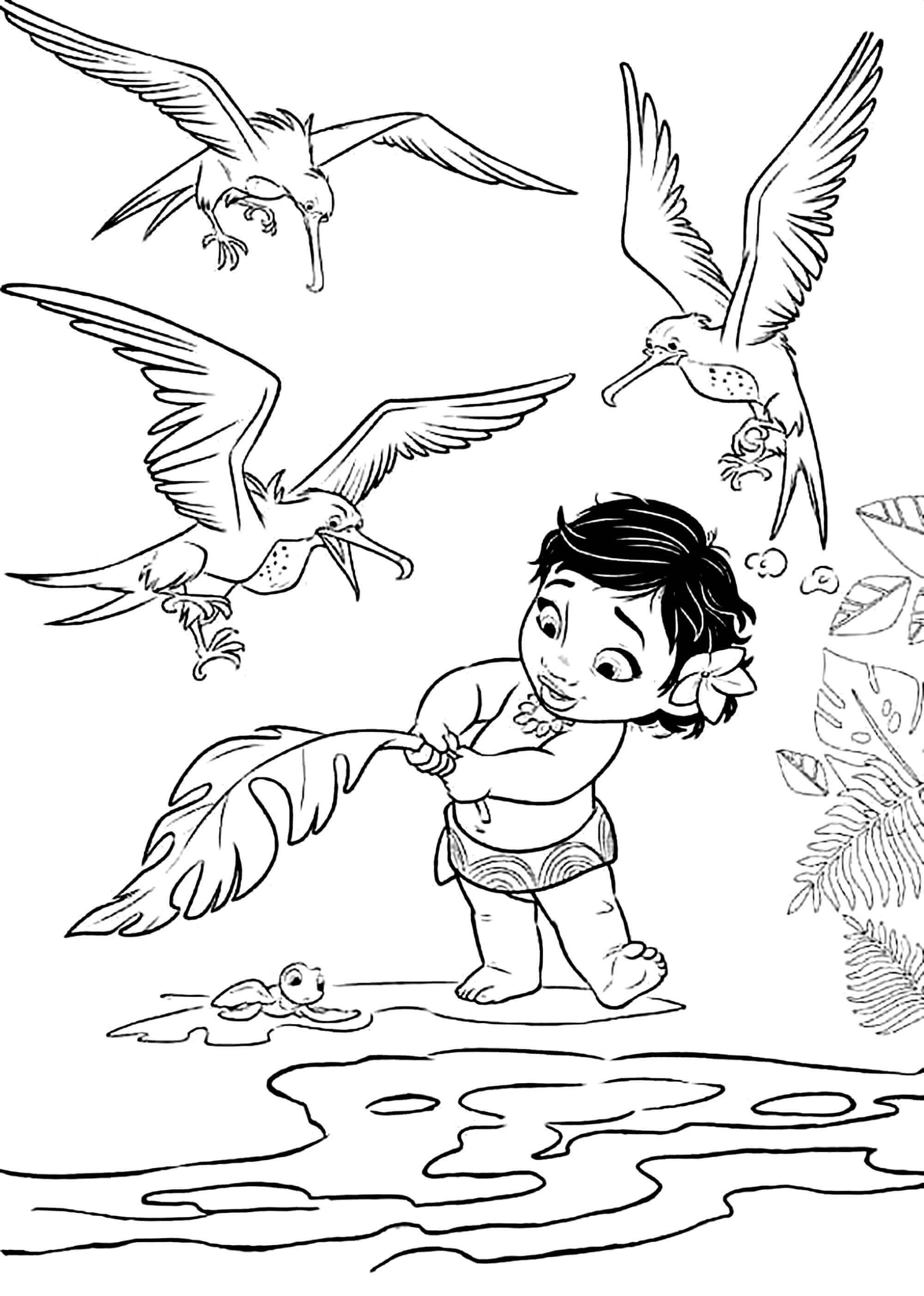 Moana Helping Baby Turtle Coloring Page