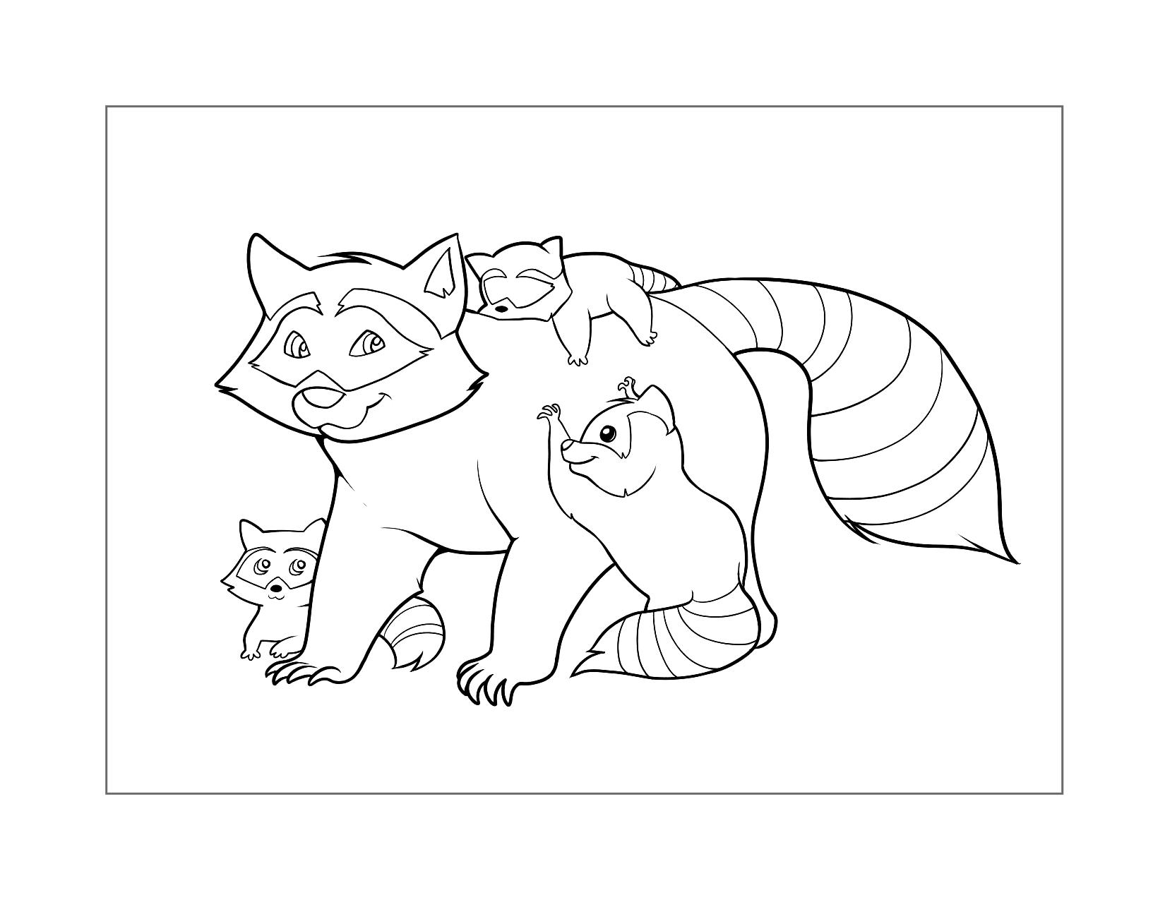 Mom And 3 Baby Raccoons Coloring Page