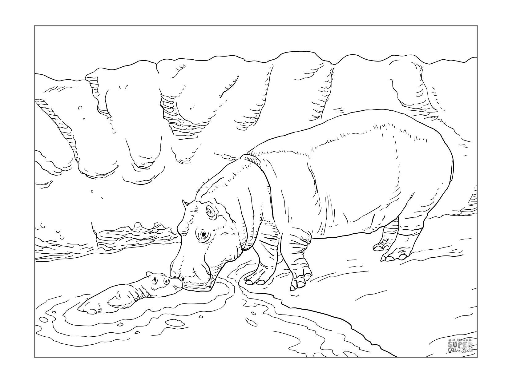 Mother Caring For Baby Hippo Realistic Coloring Page