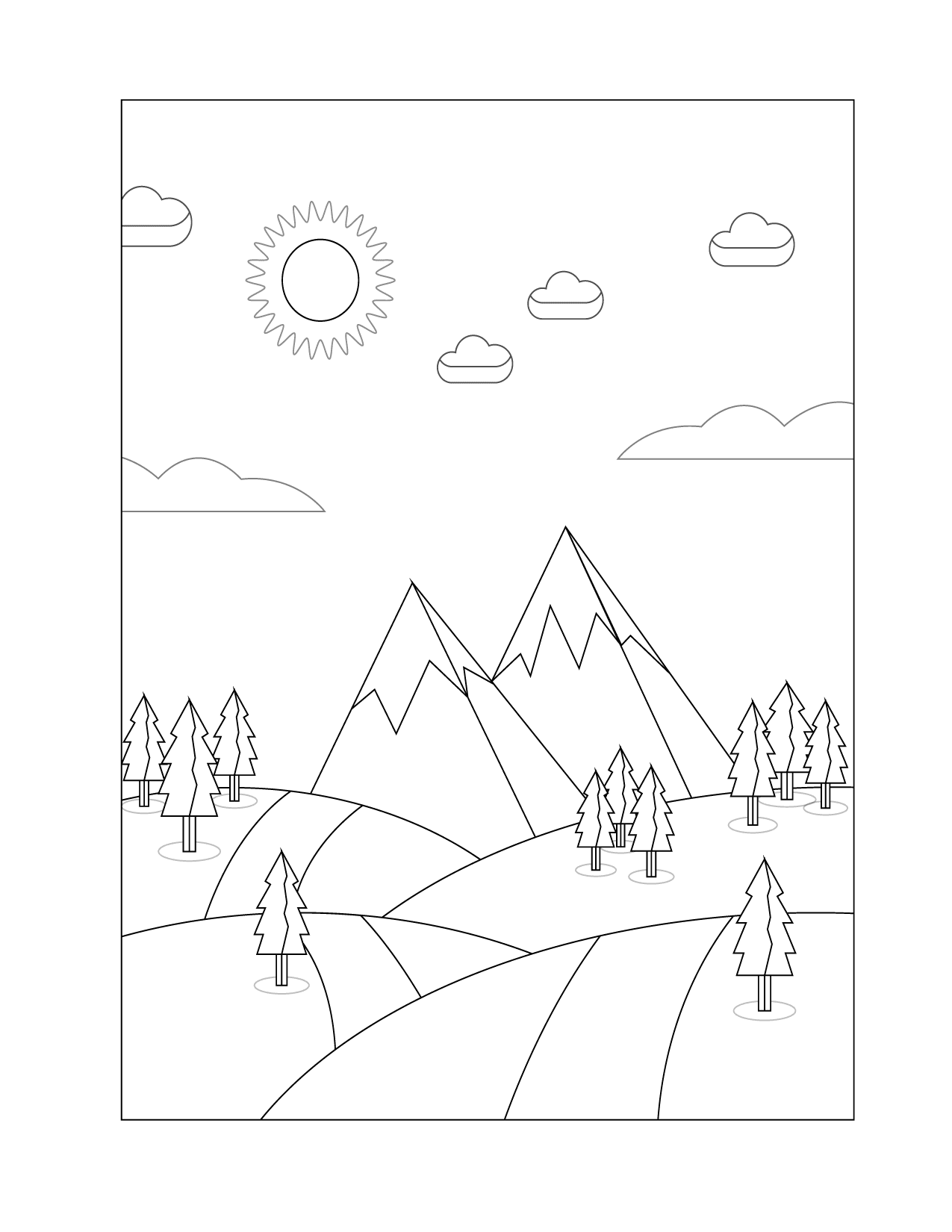 Mountain Scene With Sun Coloring Page