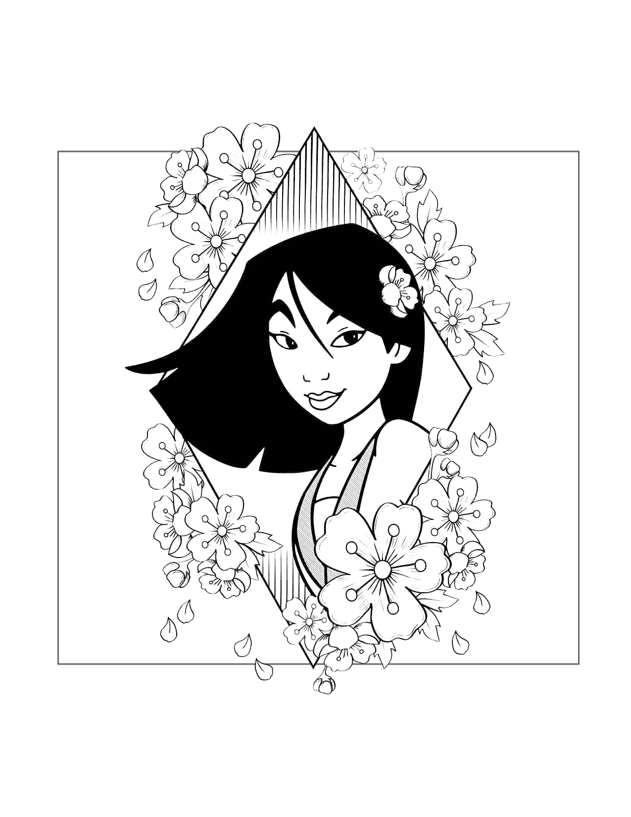 Mulan With Flowers Coloring Page