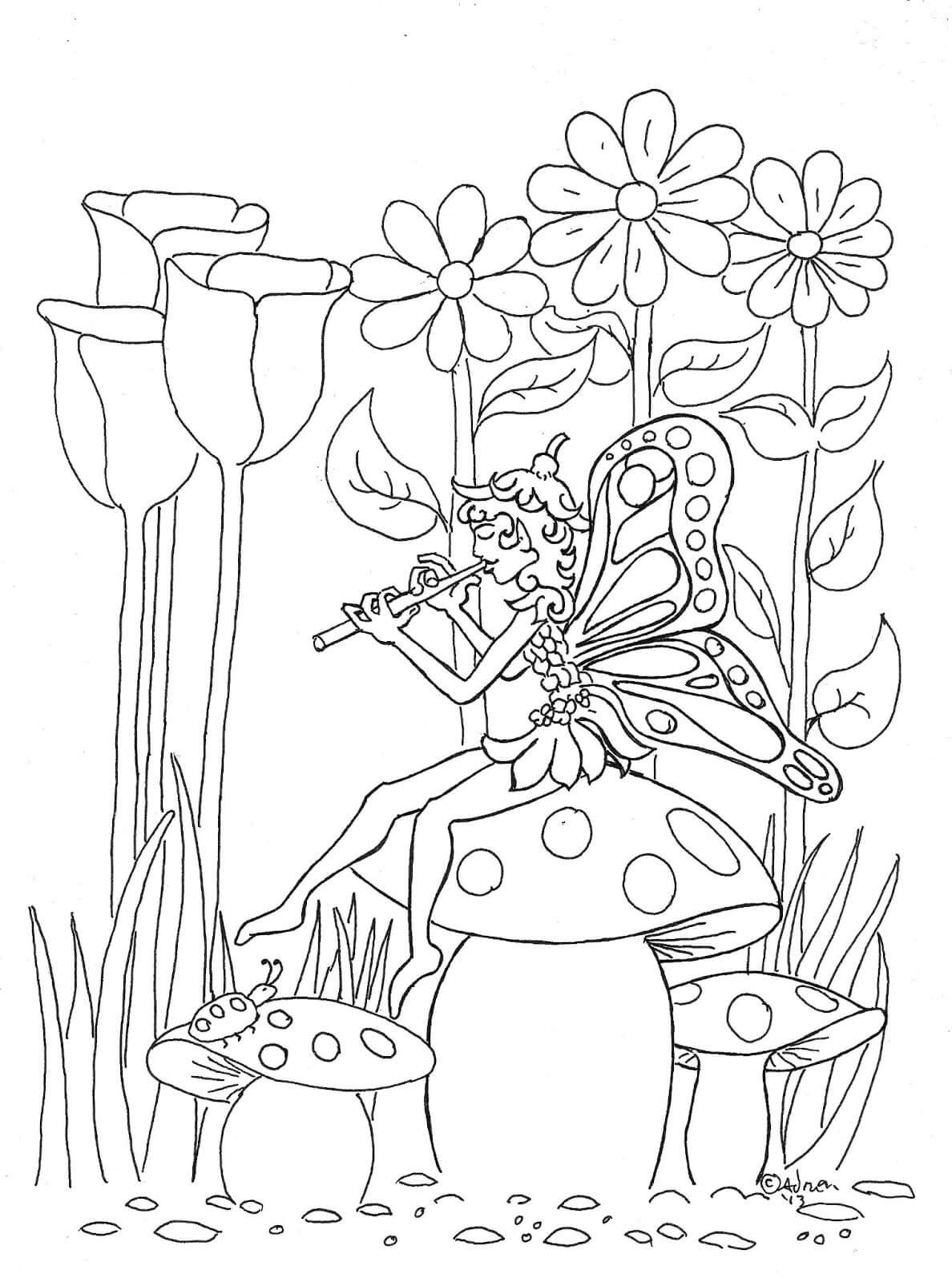 Music Fairy in Garden Coloring Page