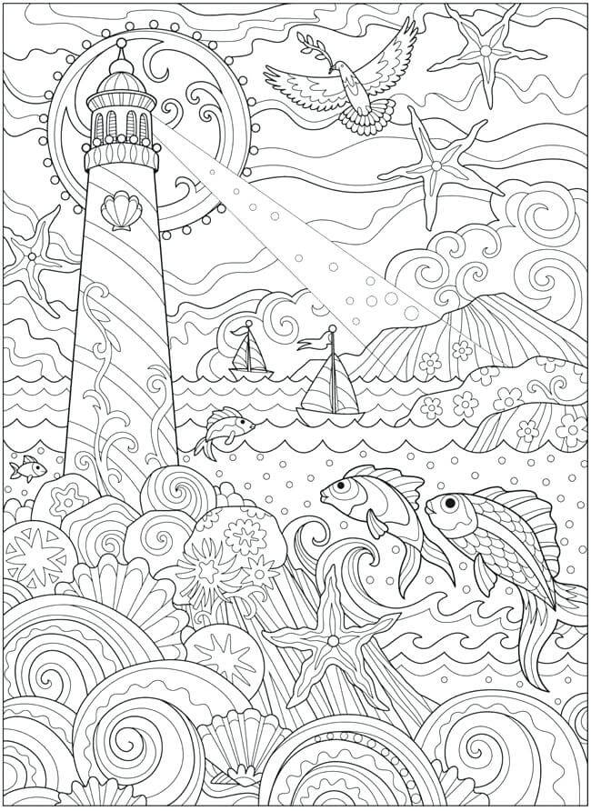 Ocean Lighthouse Nature Adult Coloring Page
