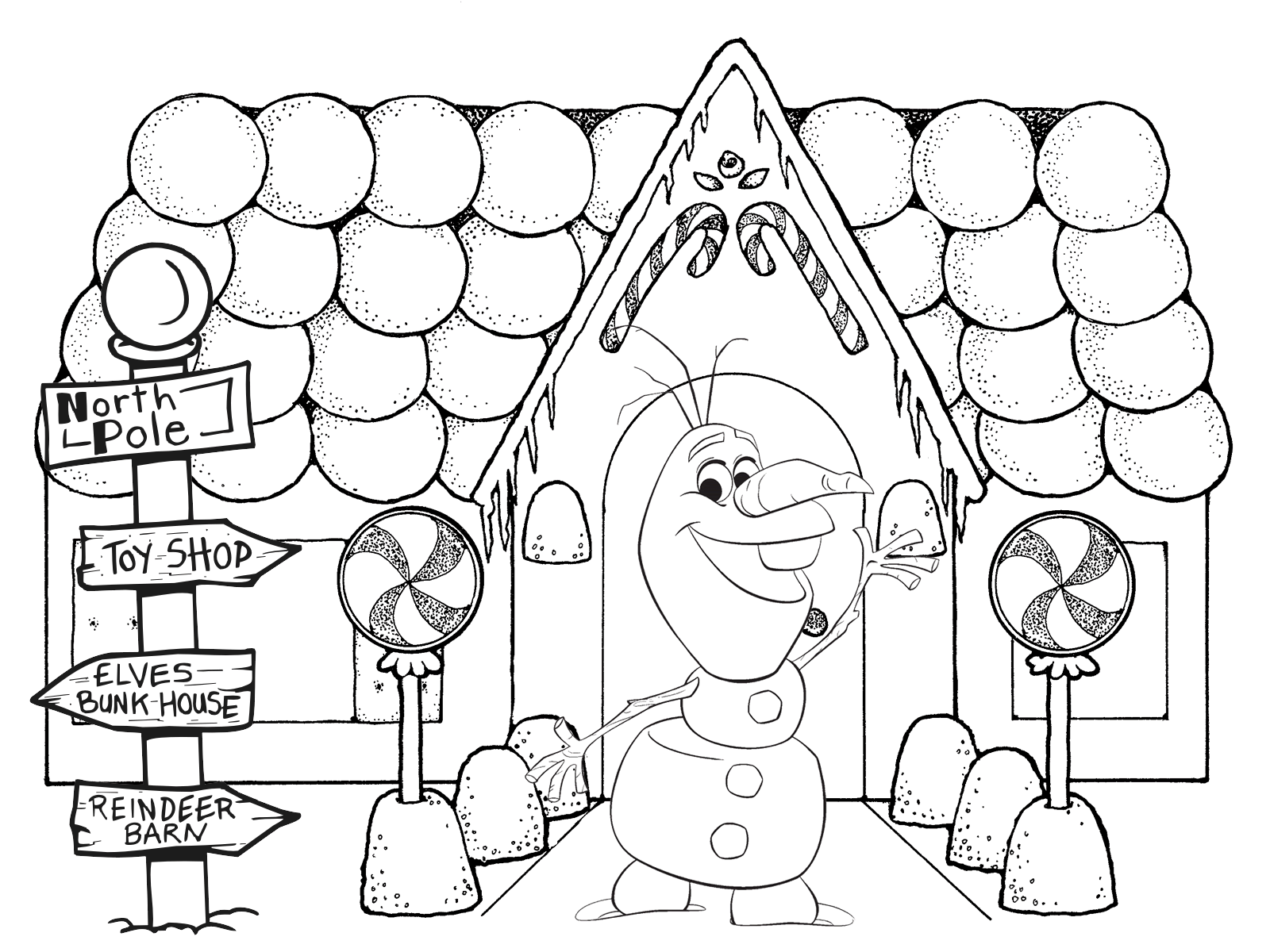 Olaf in a Gingerbread House Coloring Page
