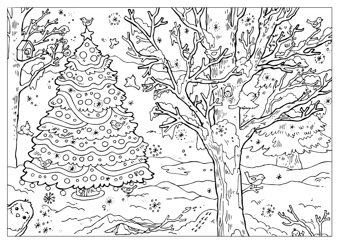 Outdoor Winter Scene Coloring Page for Adults