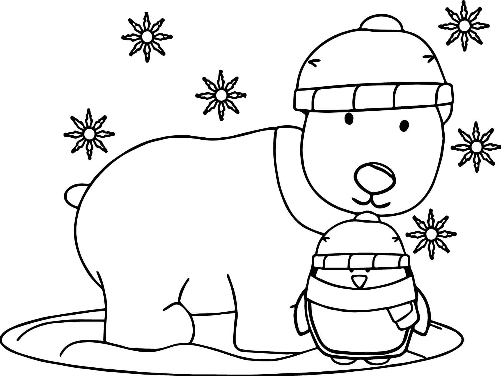 Penguin And Polar Bear In The Snow Coloring Page