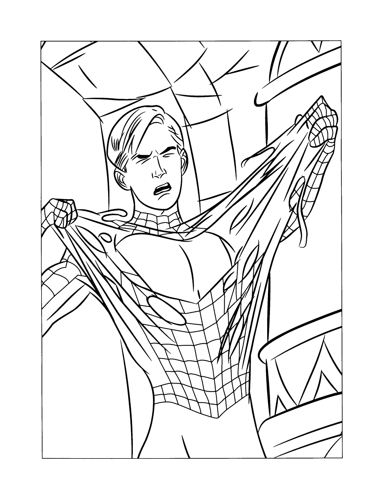 Peter Parker Tearing Spiderman Suit Coloring Page