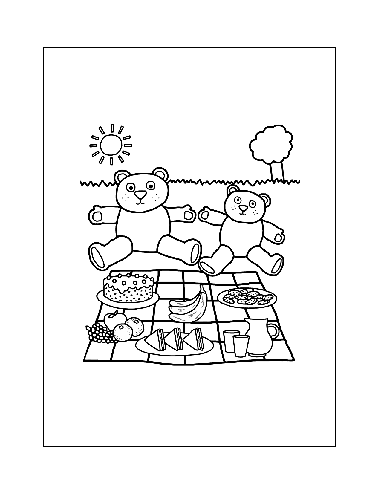 Picnic With Teddy Bears Coloring Page