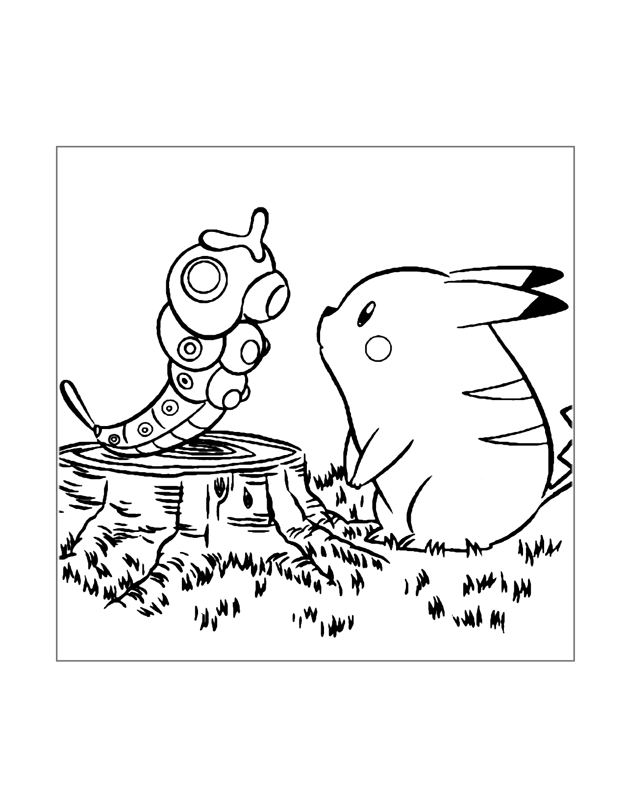 Pikachu Meets Caterpie Coloring Page