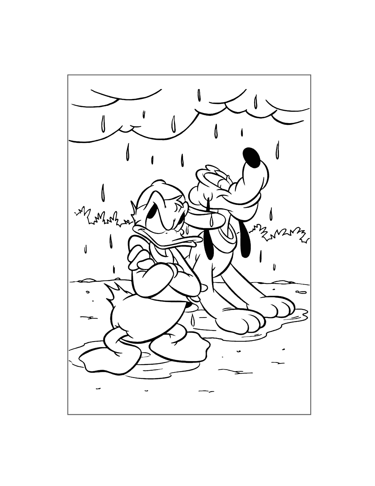 Pluto And Donald In The Rain Coloring Page