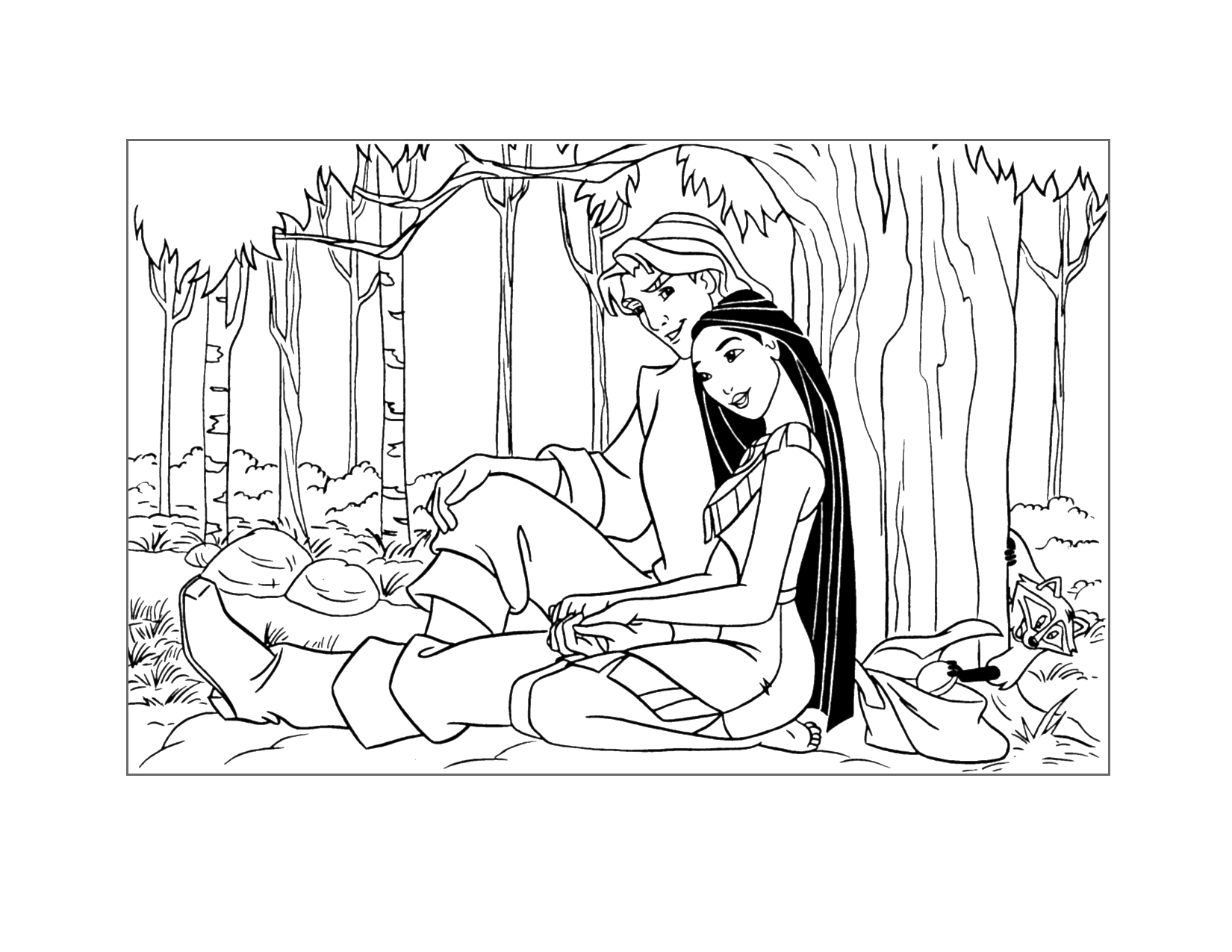 Pocahontas And John Smith Sit Under A Tree Coloring Page