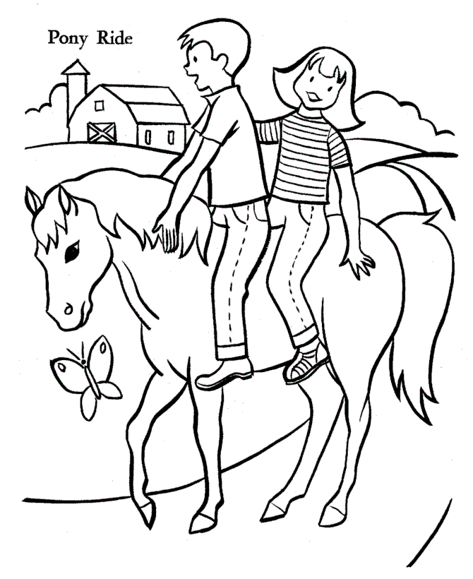 Pony with Kids Animal Coloring Pages