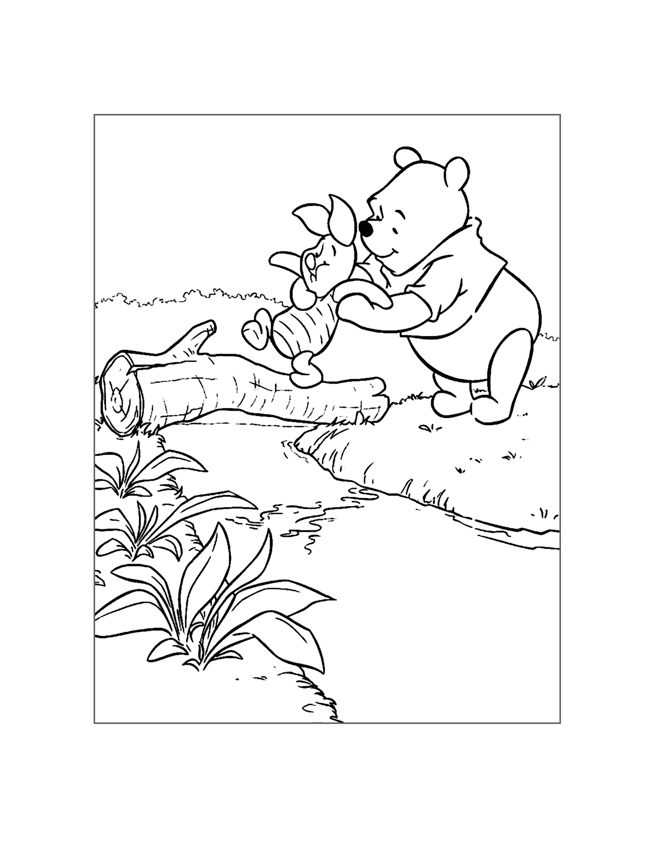 Pooh Helps Piglet Across The Log Coloring Page