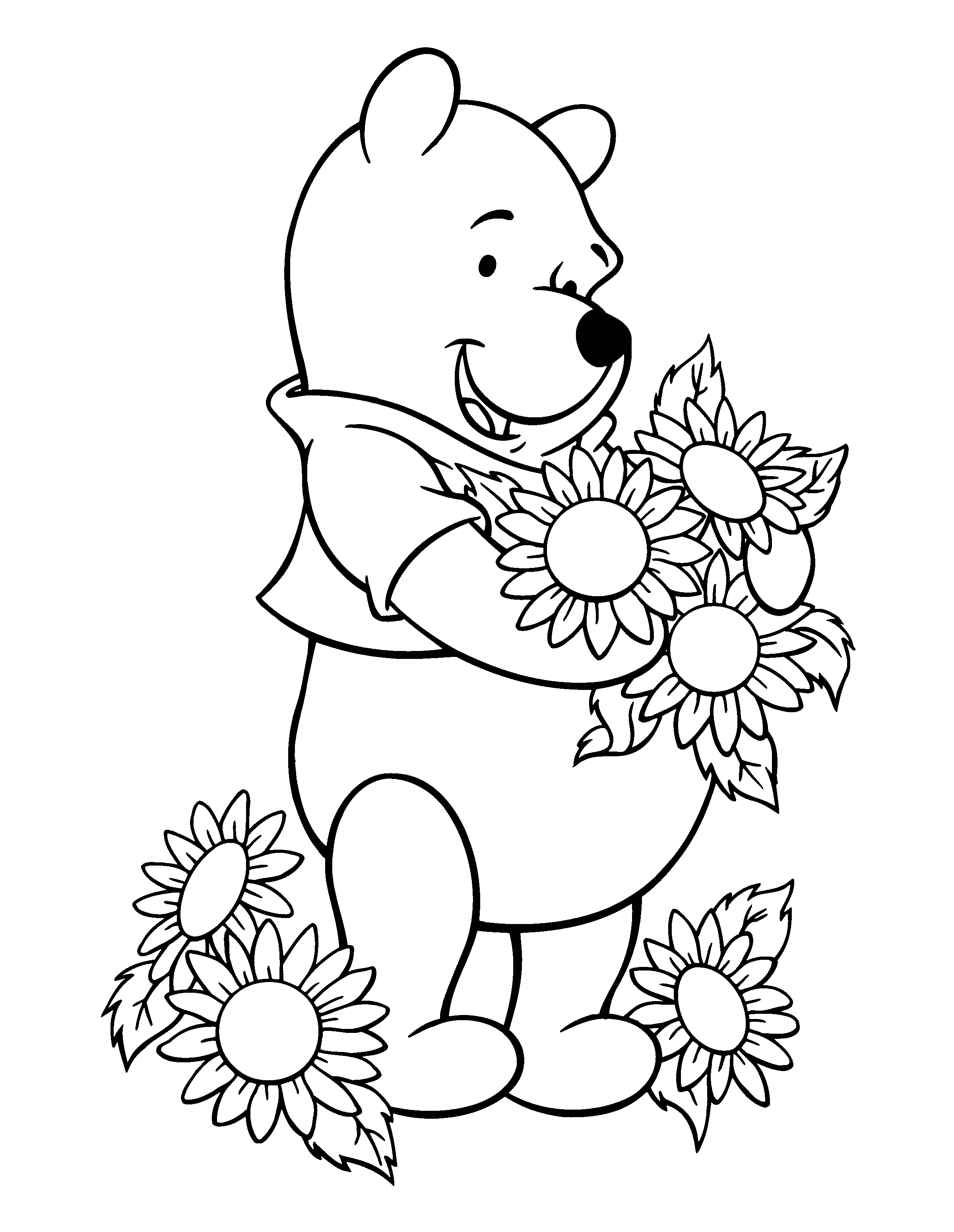Pooh Loves Sunflowers Coloring Page