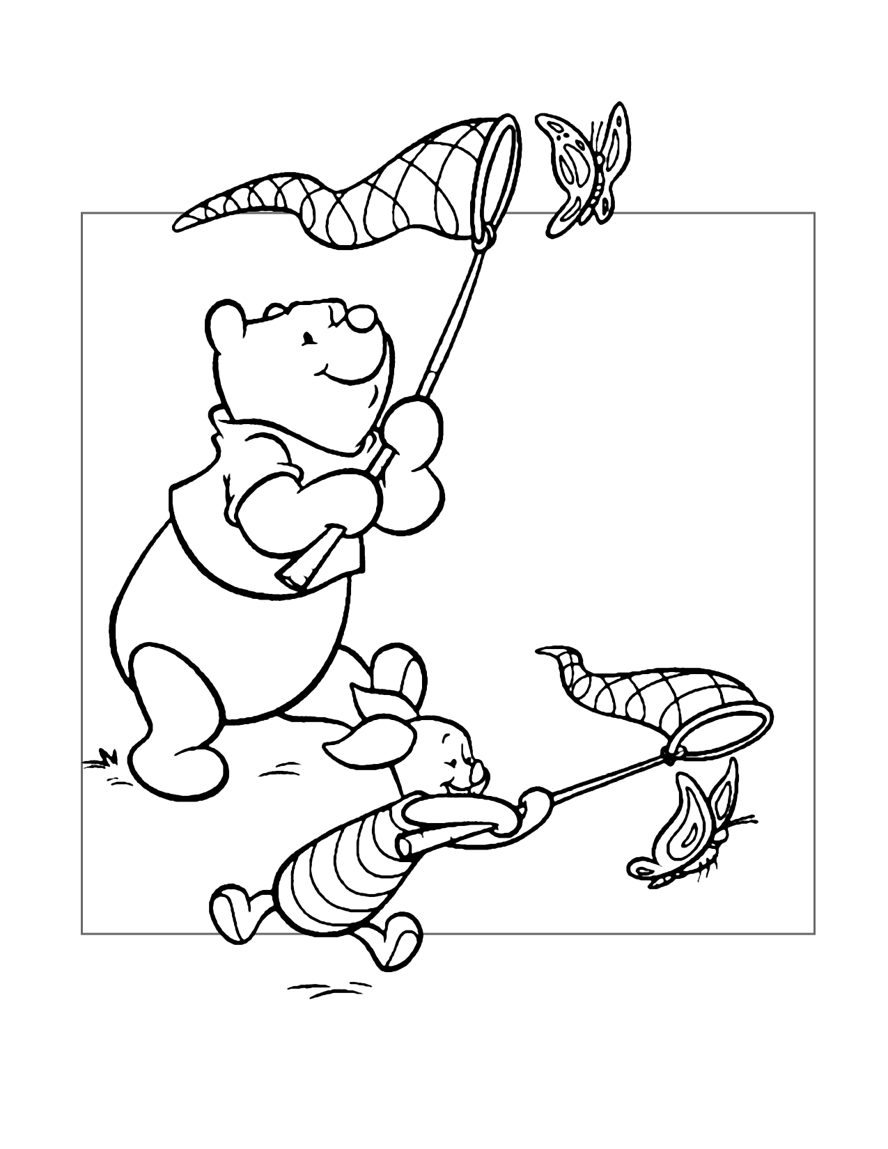 Pooh And Piglet Catch Butterflies Coloring Page