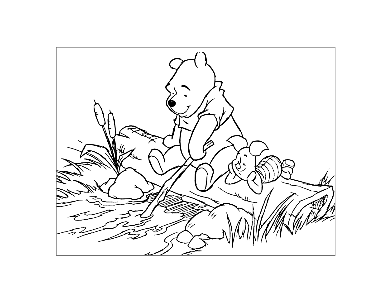 Pooh And Piglet Hang Out By A Stream Coloring Page