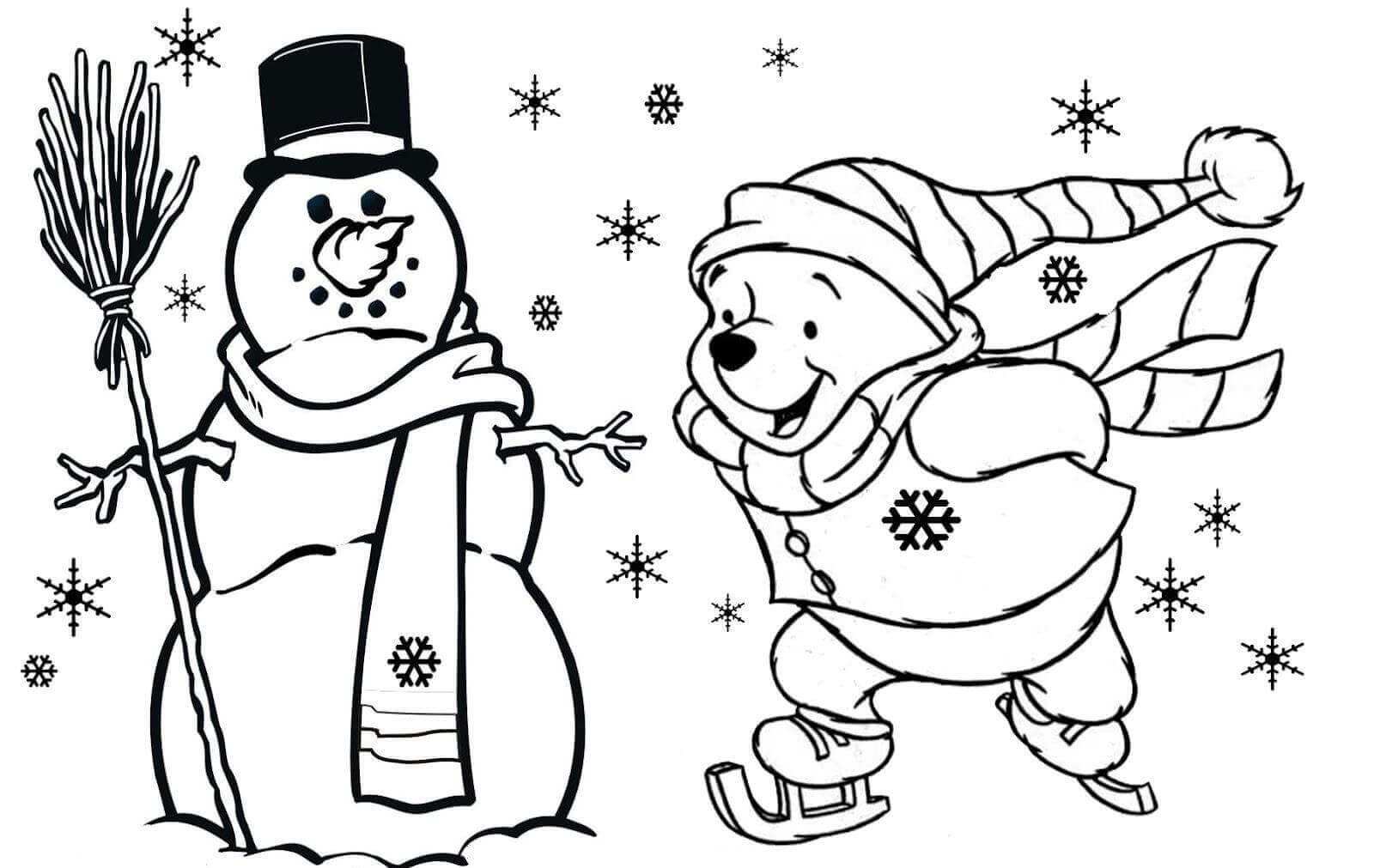 Pooh and Snowman Winter Coloring Page