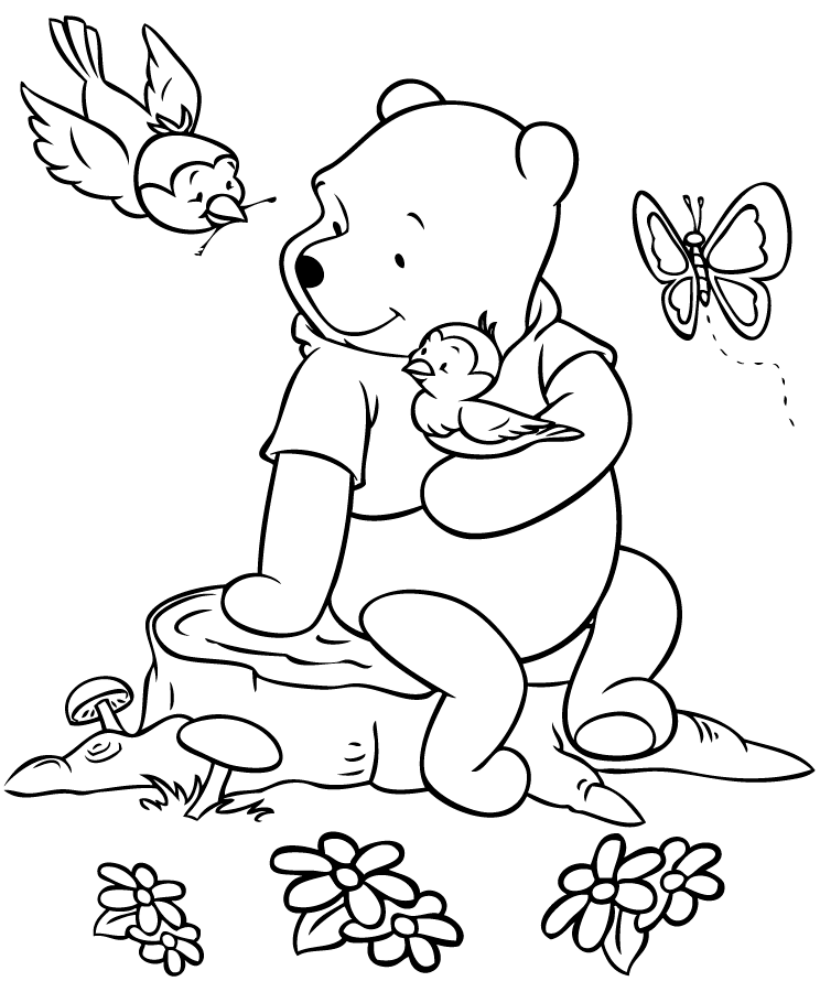 Pooh and the Birds Coloring Page