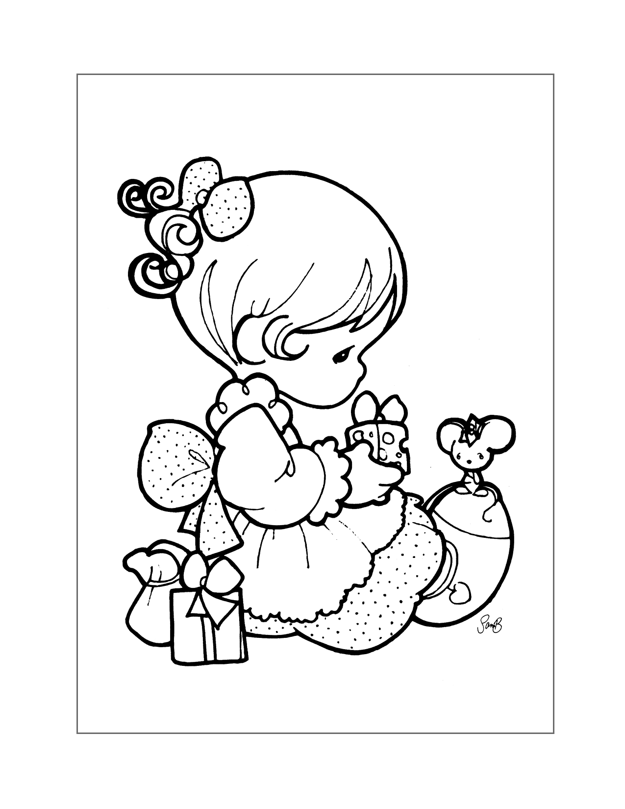 Precious Baby Girl Feeding Mouse Coloring Page